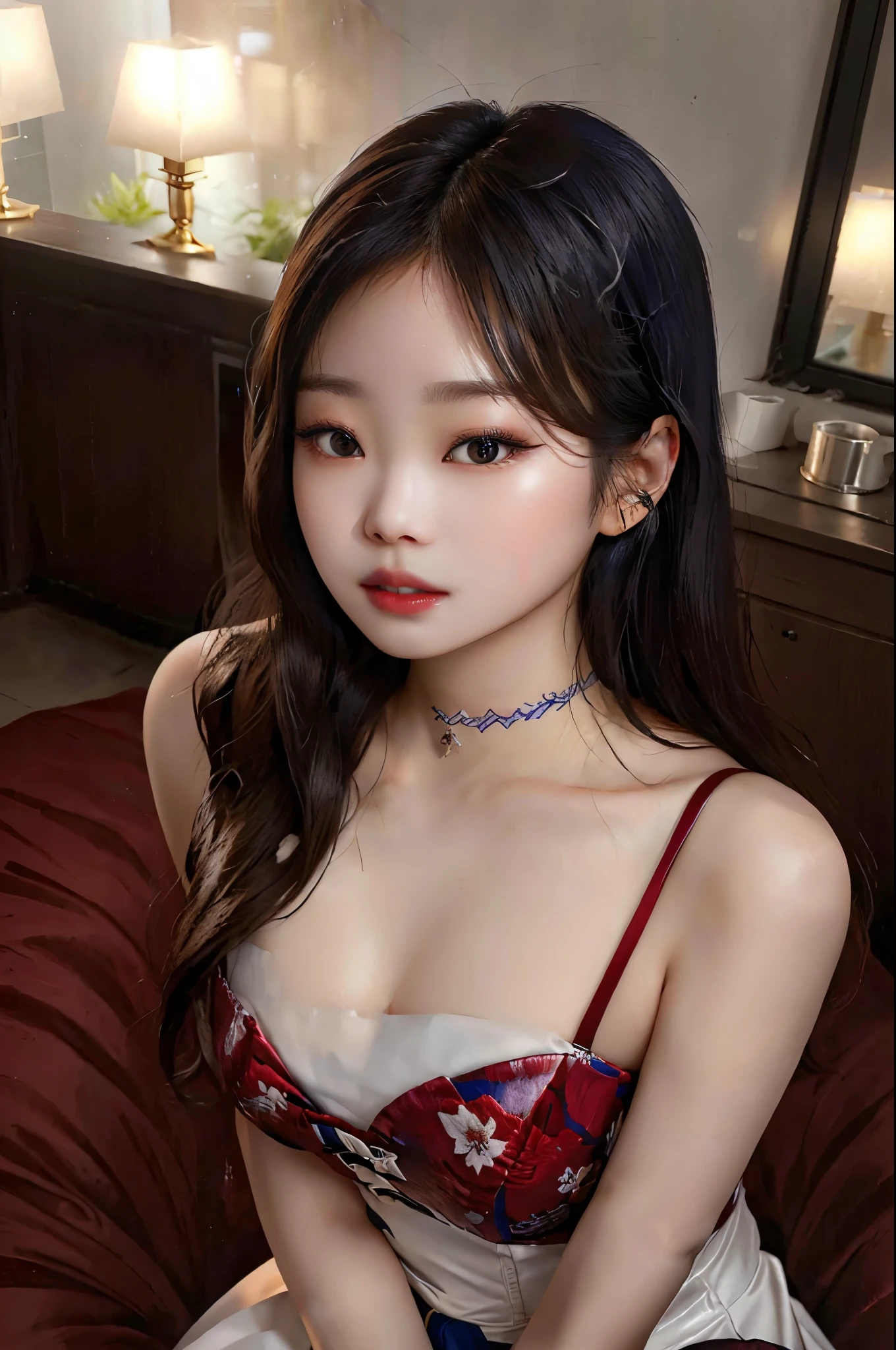 1 girl, 19 years old, south korean, 4k, masterpiece, realistic, frekles under eyes, long whavy brown hair, dark blue eyes, red lips, red eyeliners, massively large breast, off shoulder pink dress, discovered breast, tattoo in the neck, gold necklase, tilted head, happy, big smile, perfect teeth, lots of frekles under eyes, detailed face, night time, lying in a bed, facing camera.