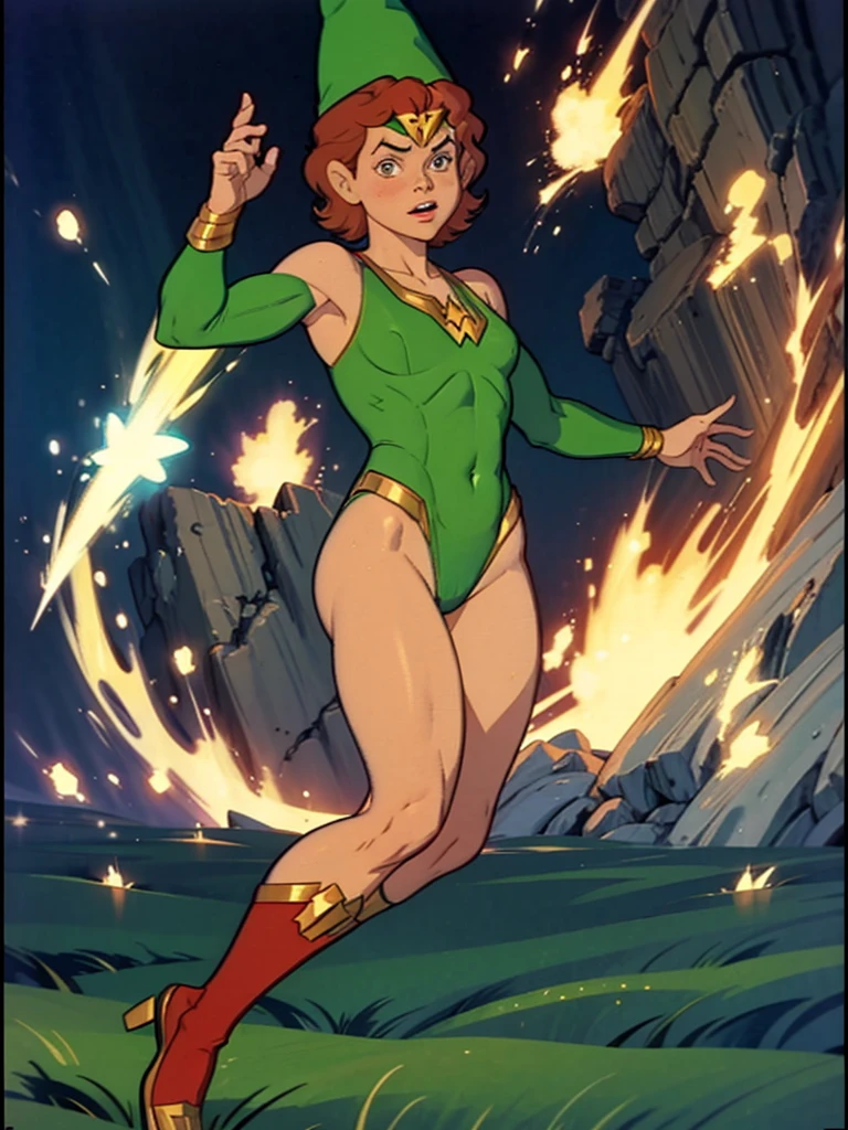 a redhead cartoon character, wonder woman outfit, green leotard, very muscular, male wizard, 1980s cartoon, animated episode still, Presto (((mad))), ((Wears a wizard hat))