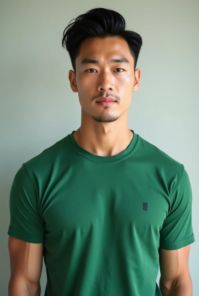 (photorealism:1.2),korean hunky man wearing green t-shirt , clean cut hair