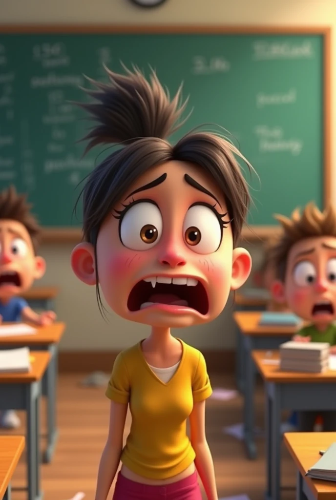 Animated image of scared female teacher in class
