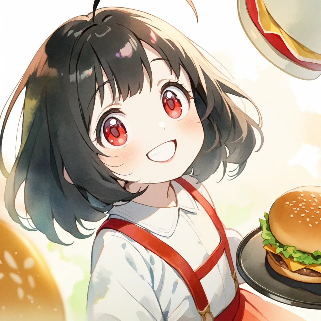 female child, 1 woman, glad, delightful, blissful, cheerful, happy, smiling, laughing, cheerful grin, looking at viewer, looking to the left, looking up, bob cut, ahoge, black hair, red eyes, slant eyes, big eyes, sanpaku, red lips, pale skin, White shirt, red skirt with suspenders, Give McDonald's hamburger set, Tray, solid white background, anime, hard-edged, upper body, macro shot, front view, headshot, rule of thirds, dreamy watercolor, best hand