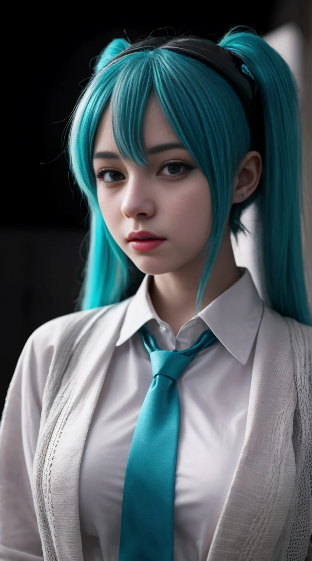Genius cosplayer girl of Hatsune Miku, intricate detail Highly Detailed Eyes, Faded, Japanese high school white sailor suit, blue tie, 16K resolution, RAW, Nikon Z9, Creative, Masterpiece, Fantasy, High Definition, High Quality, 8k, Realistic, Dramatic Lighting, Soft Focus, Digital Illustration, Intricate Mechanics, Advanced Techniques, Dark Background Cinematic, High Contrast, High Contrast Atmosphere, (Best Quality, 4k, 8k, High Definition, Masterpiece: 1. 2), Ultra-Detailed, (Realistic, Graphic, Photorealistic: 1. 4) -- No Glass --AR 16:9 --Stylize 1000