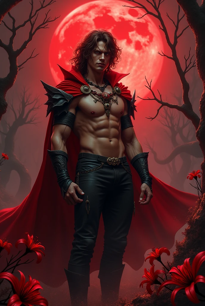absurdres, highres, ultra detailed, HDR, master piece, best quality, Eiden, brown hair, expressive brown eyes, Nu Carnival, solo, sexy man, handsome, horny, lewd, demon, horns, black leather clothes, red cape, accessories, showing the chest, red sky, red moon, red trees, red spider lilies, fantasy, dark magic, magical