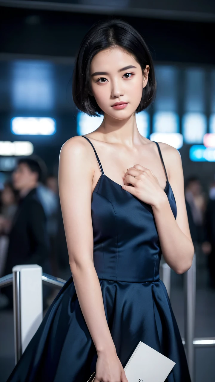 Dark blue waist dress:1.2，Look at the audience，Tyndall light effect，High resolution skin:1.3，Realistic skin texture，2 sister，Perfect face，Put on light makeup，Perfect body，A blushing expression，short hair，Black hair，bust，Airport background。