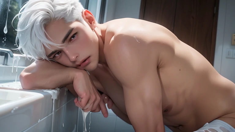 A young boy with white hair，fair skin，handsome，The triangle briefs are wet, so I took half of them off.，裸上半身Soaked in milk，Showing six-pack abs and chest muscles with water droplets on them，Soaked in milk，纖細長腿Soaked in milk，There is a big protrusion from below and milk is spurting out，Soaked in milk，Tilting their head back, they wore an expression of comfort.，Milk flows from the corners of the mouth，Sticking out tongue，Drinking milk，Very shy expression，Milk flows from the corner of the mouth，covered in milk，soak in milk，There&#39;s milk on your face too，Milk flows from the corners of the mouth，身上Soaked in milk，Complete character，To the light，The light shines on the abdominal muscles，milk everywhere
