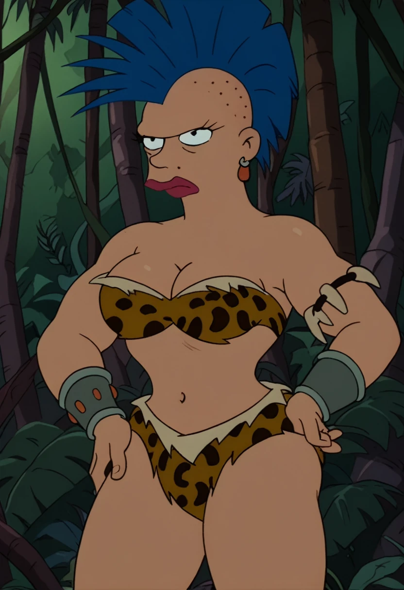 Score_9_up, score_8_up, score_7_up, BREAK amazonianfu, 1girl, solo, blue hair, mohawk, earrings, leopard print bikini, cleavage, wristband, bone armband, hand on hip, jungle