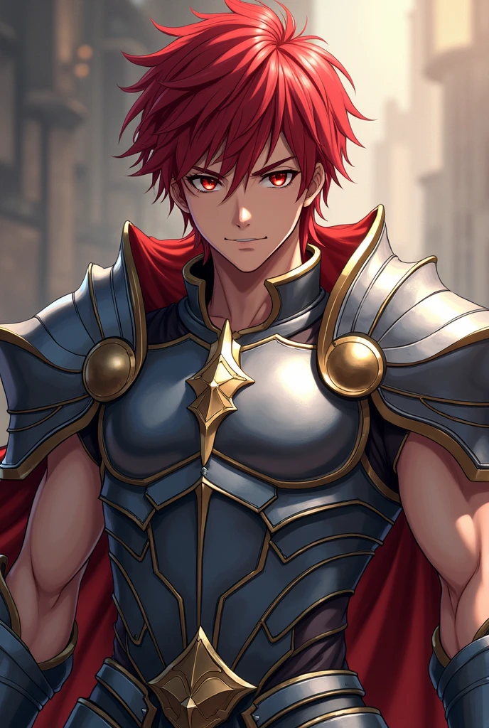 A boy in the style of Knights of the Zodiac (the lost canvas) reddish hair with bangs. attractive, handsome, muscular, with silver armor, Art image from the shoulders up, sexy, sexy fighting pose
