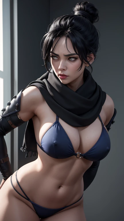 Foto de corpo inteiro, (Highly detailed CG Unity 8k wallpaper),(masterpiece), (highest quality), (super detailed), (Best Illustration),(best shadow), Wraith apex legends, pretty face focus, Masterpiece artwork, best qualityer, kissshotms, 1 girl, natta, Efeito de Luz, Masterpiece artwork, best qualityer, 1 girl, micro bikini, mature woman, breasts big, 8k, UHF, (abdomen, )muscular woman, Waist slender, detailedeyes, FGO1, 1stClothing, 1 girl, solo, hair bun simples, hair bun, scarf, sultry posing, Bblack hair, black scarf, blue colored eyes, bangss, bangss distributed, Hair behind the ear, mitts, piercing no nariz, mitts pretas