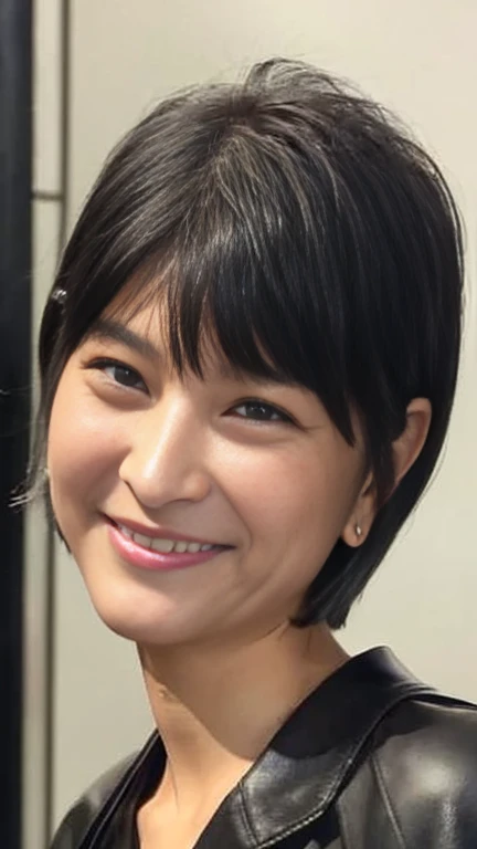 最high quality, 8k, Vibrant, Sharp focus, high quality, High resolution, Middle-aged women, Mature Woman, 5, (Whole Body Ezbian), (High heels face detail, Highly detailed eyes, ((big 1.6))、((Black leather clothing))、Bright smile、Bob Shortcut Hair、((Posture from the waist up))、