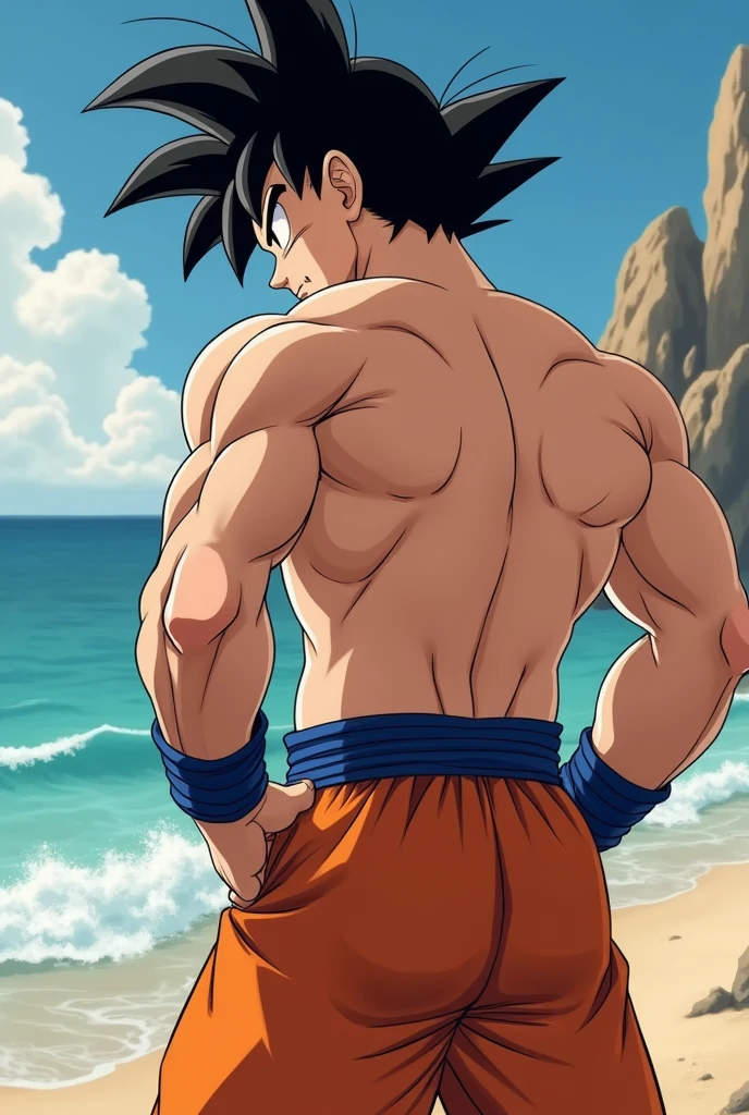 Goku grabs his underwear from behind and pulls them hard and with a lot of stretch so that his underwear can be seen.,how to make yourself wedgie