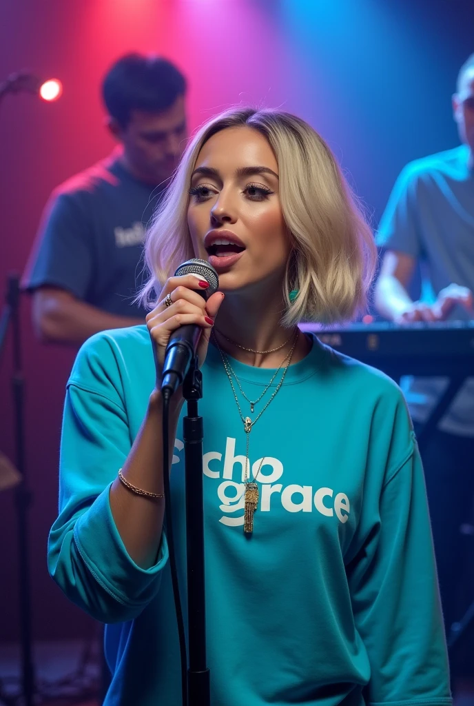 (good quality, : 1.3), singer lets loose singing techno rock: 1, lights: 1.5, bob hair, hair blonde: 1.3, (holding microphone: 1.2), Shirt with Echo Grace written on it, comely, cerulean, Face ultra detailed, band playing keyboard behind detailed, praising God, feeling the presence of God.