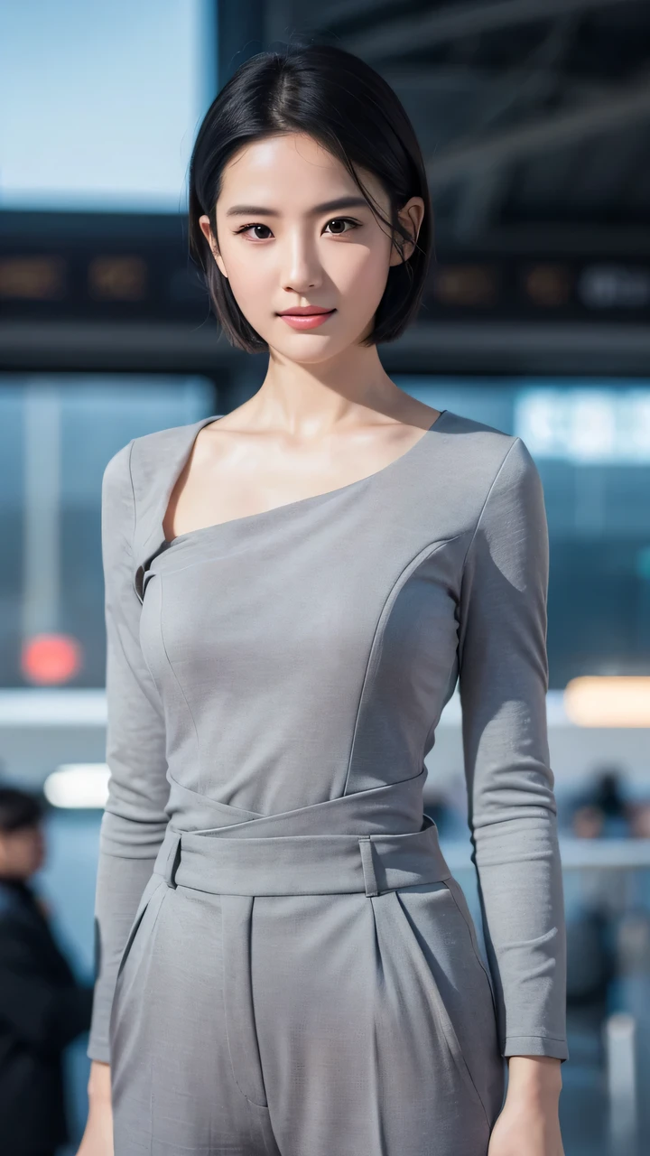Grey hip suit:1.2，Look at the audience，Tyndall light effect，High resolution skin:1.3，Realistic skin texture，2 sister，Perfect face，Put on light makeup，Perfect body，Amused expressions，short hair，Black hair，bust，Airport background。