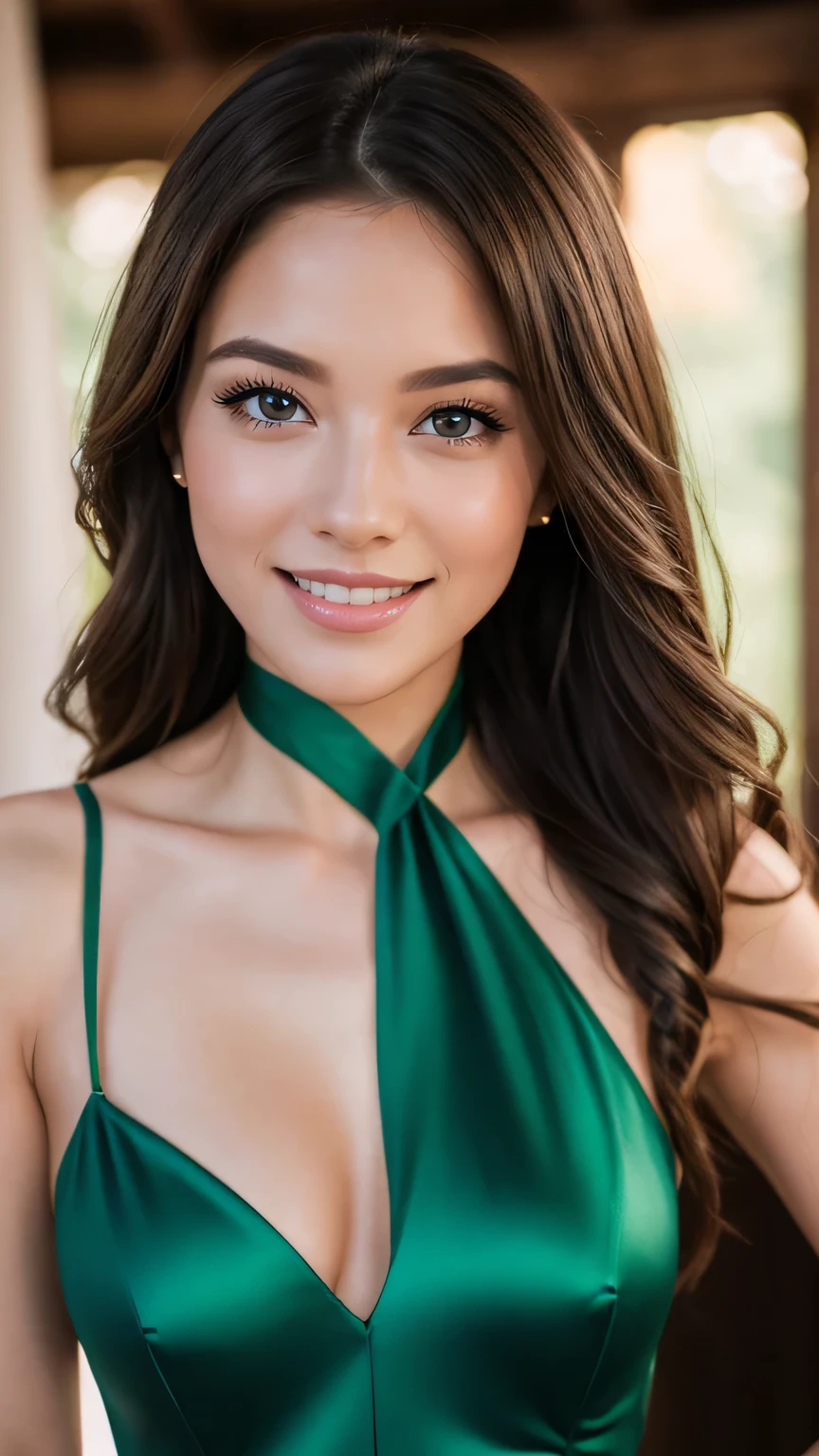 Realistic full body photo of a smiling, Young brunette woman with long hair, She dances in front of the camera in a long A-line bridesmaid dress with jewel neck straps made of shiny green satin., Park,glamour fotoshooting, Wedding celebration, perfect anatomy, perfect brown eyes. Perfect hands with 5 fingers on each hand, Matching girl, look into the camera, 1 Frau. (Eye make up:1.1), (highly detailed skin:1.1), spirit, analog style, keen focus, 8K UHD, dslr, good quality, Fujifilm XT3, Grain, Award-winning, masterpiece. Wedding celebration