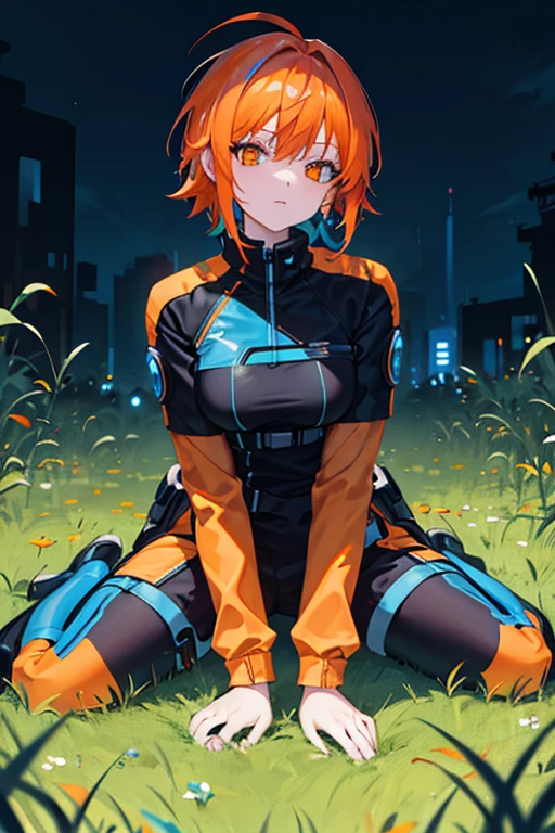 Orange hair girl, Wearing blue cyberpunk clothing, On the colorful grass, night