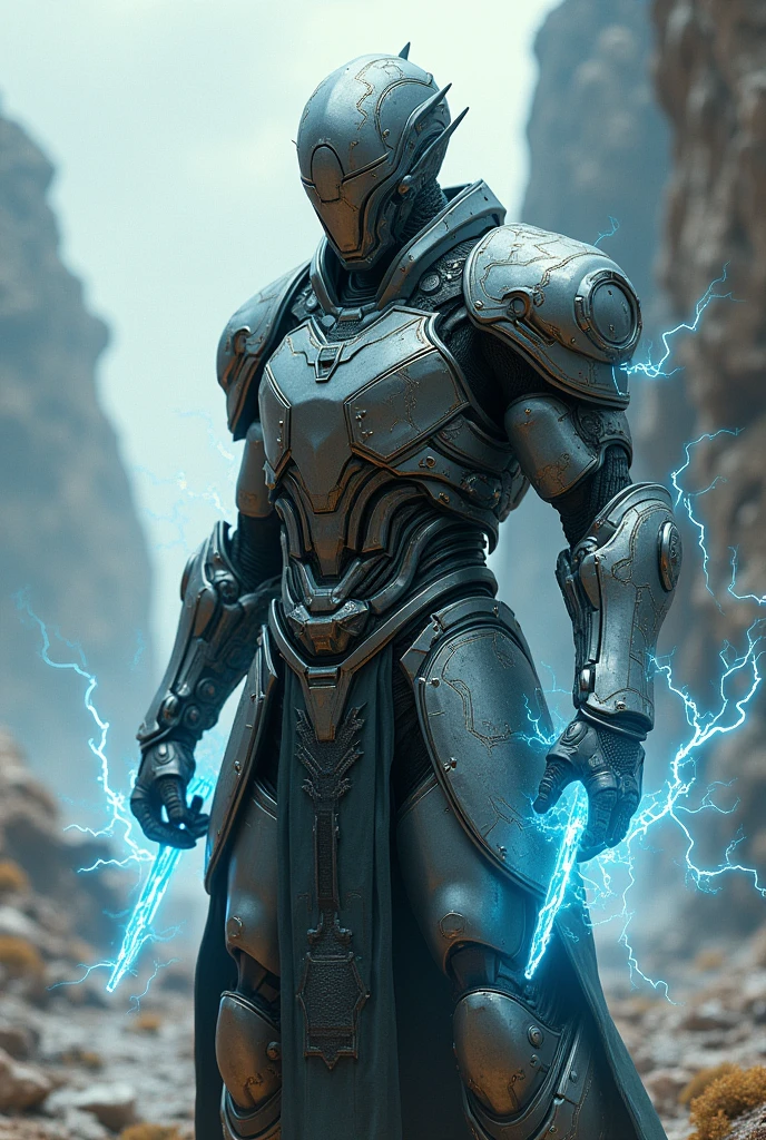 A random character wearing armor with electricity swords attached to his arms
