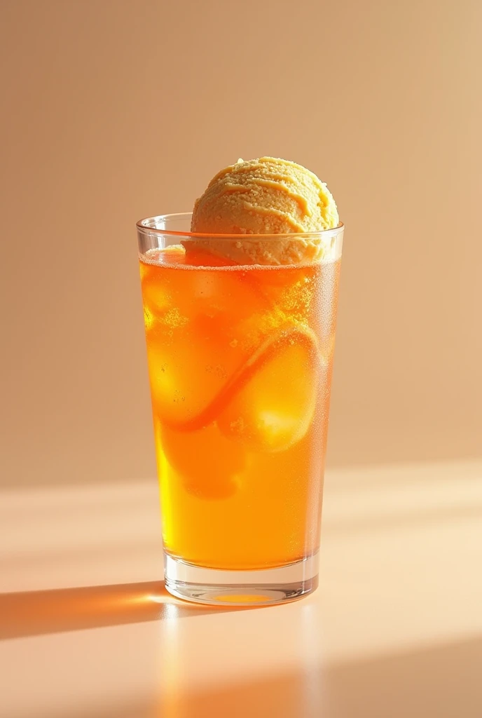 best quality and realistic, a transparent glass with Fanta inside and orange ice cream, that the Fanta logo does not appear and that the ice cream scoop is inside the glass