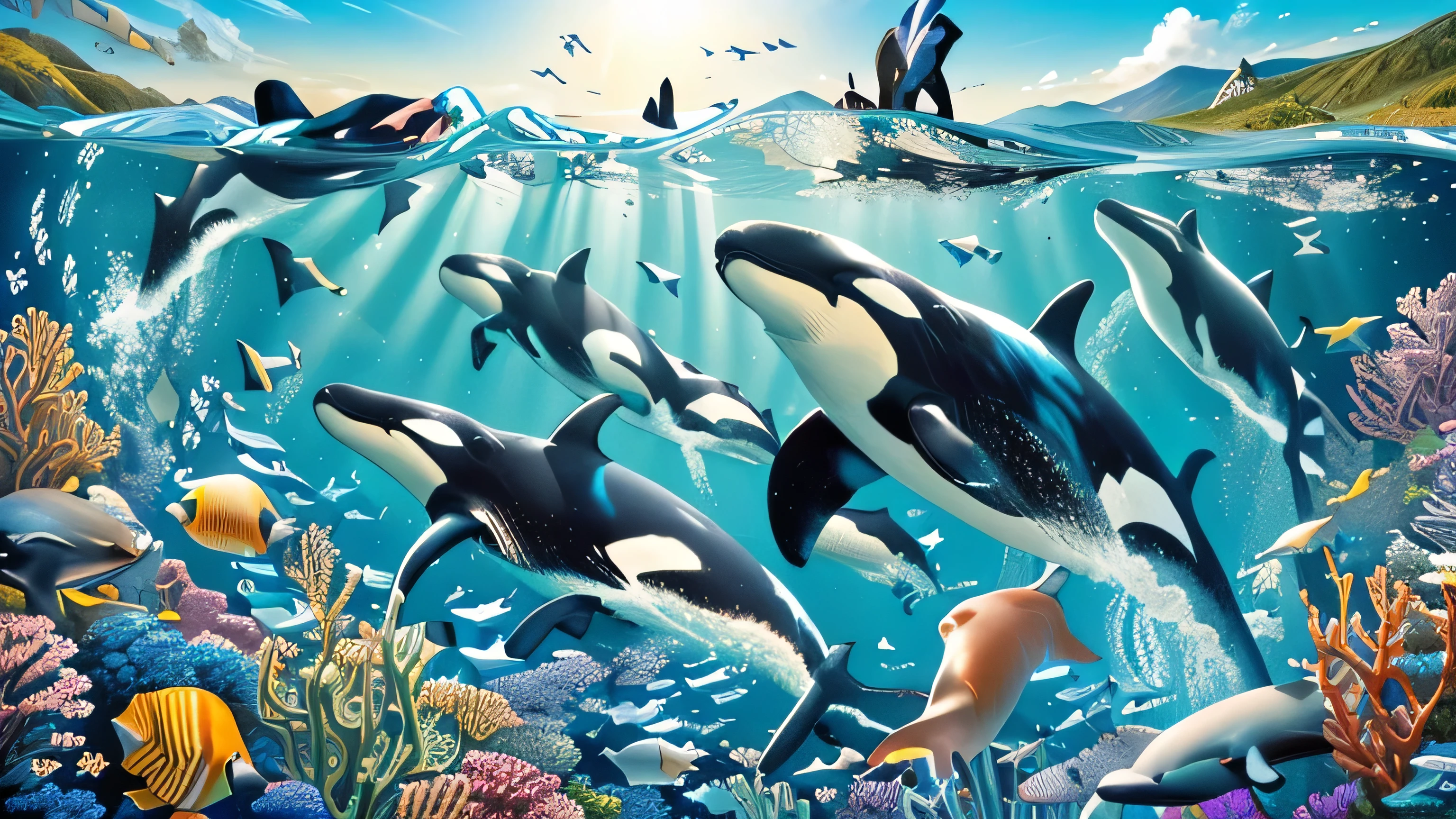 painting of a group of killer whale whales swimming in the ocean, whales, killer whale, whale monsters, flying whales, acclaimed masterpiece, they are chasing a whale, underwater world, wall-paper, por Brian Thomas, incredible depth, by Alexander Kucharsky, who is born from the sea, magical ocean, Direction: Jeff Miracle, dolphins, sea creatures