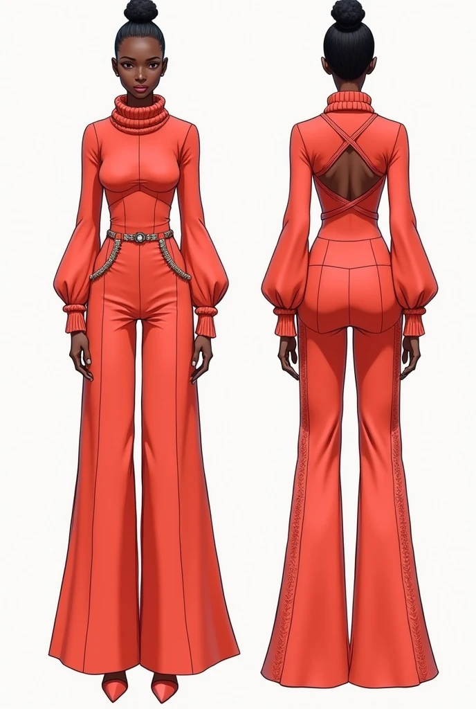 Make a sketch (from the front and back view) Mandatory showing the two fashionable views of an outfit with the following characteristics on the front and back of the outfit: Body: Design a fitted bodysuit with the following features:

Long bishop sleeves that adjust at the cuffs. with covered shoulders Chunky cowl neck Knitted fabric in vibrant coral tone: Make sure the color is bright and eye-catching.
Pants: Design a wide leg pant with:

High crossed waistband: The waistband should be high and crossed in the front to give it a distinctive style..
Stretchy barbie screen: The material should be flexible and fit the body without being too tight..
Details of backstrap loom: Add handcrafted details to the sides of the pants, using weaving techniques to highlight the connection with the traditional.
Combination: Make sure that the bodysuit and coral pants complement each other and that the loom details blend harmoniously with the rest of the design.. A drawing of the front and another of the back.