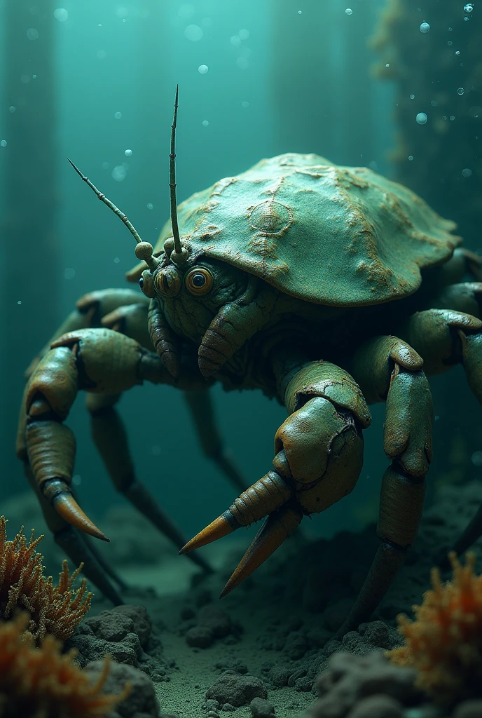 A creature that is a mix between a horseshoe crab and a sea spider, its shell is kelp green and its has eyestalk like a crab. It also has crab like claws and a crab like mouth. Its shell is made out of chitin and it functions like a heavy layered armor