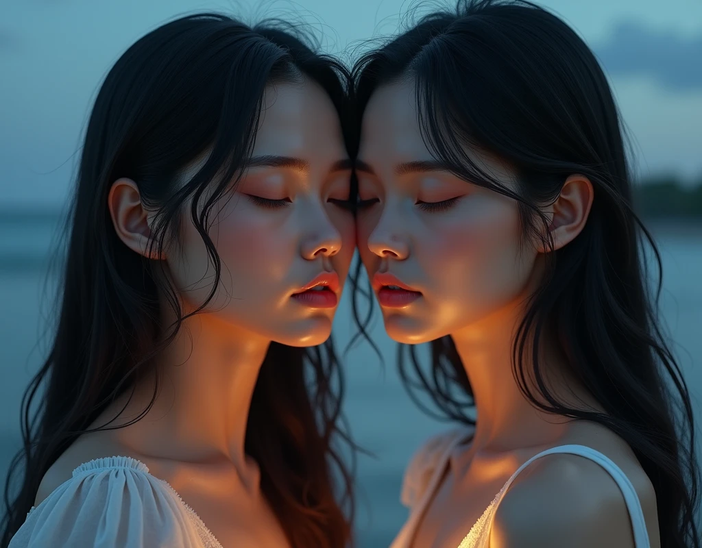 Identical twin sisters、Beautiful woman,Highest quality,masterpiece,detailed,night,Beautiful girl,Shadows reflected on the water,The sound of waves,In a place where time is forgotten,Quietly close your eyes,Face close-up,Look forward