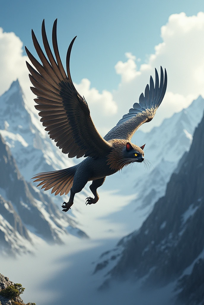 Face of cat and body of eagle on mountains realistic