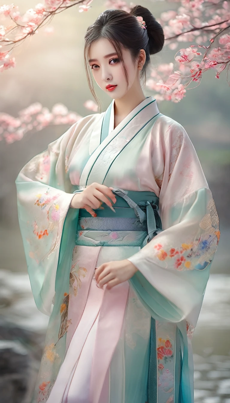 face and thigh),
1girl, (picture of a person wearing a modern hanfu),
"with a fusion of traditional Chinese elements and contemporary fashion", (Hanfu costume),
(Hanfu dress),
in pastel colors,
made of silk and lace, large breasts, mole, blurry background