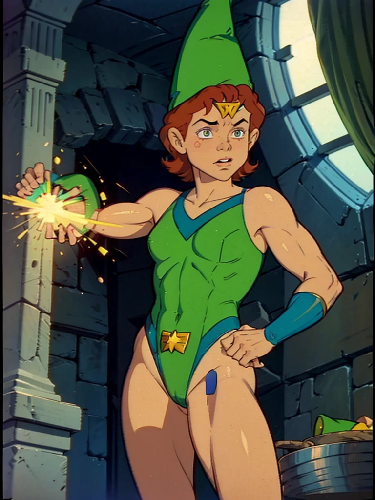 a redhead cartoon character, wonder woman outfit, green leotard, very muscular,  male wizard, 1980s cartoon, animated episode still, Presto (((mad))), ((Wears a wizard hat))