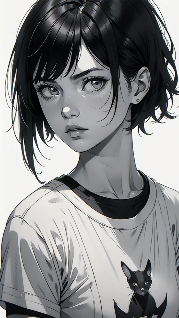 1 boyish girl, solo, sharp eyes, expressionless, monochrome, greyscale, short black hair, portrait, white T-shirt, closed mouth, looking at viewer, graphite \(medium\), detailed lips, hatching \(texture\), without makeup, bangs, upper body, (best illustration), (best quality), (very detailed), (masterpiece), expressionless,