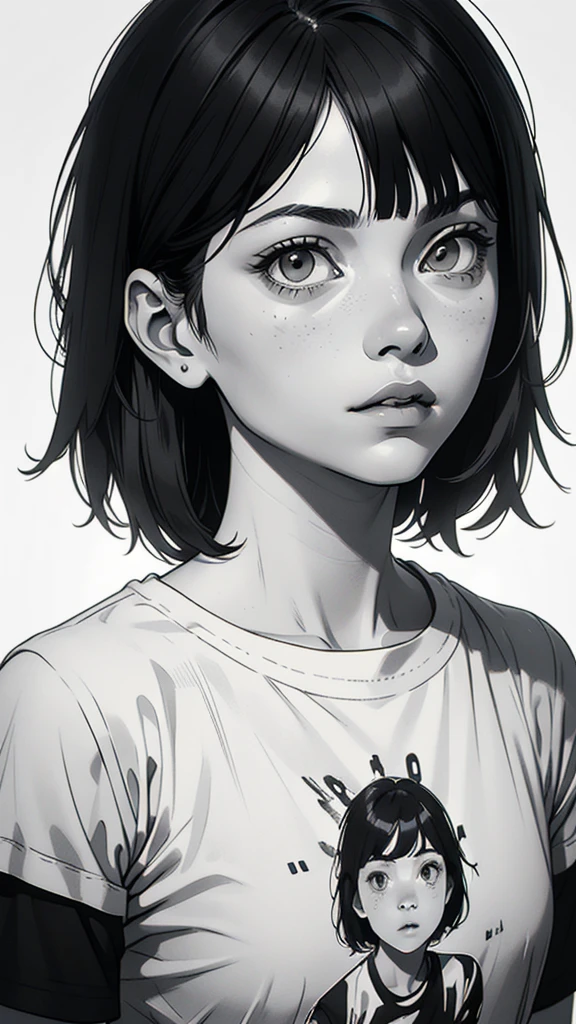 1 boyish girl, solo, sharp eyes, expressionless, monochrome, greyscale, short black hair, portrait, white T-shirt, closed mouth, looking at viewer, graphite \(medium\), detailed lips, hatching \(texture\), without makeup, bangs, upper body, (best illustration), (best quality), (very detailed), (masterpiece), expressionless,