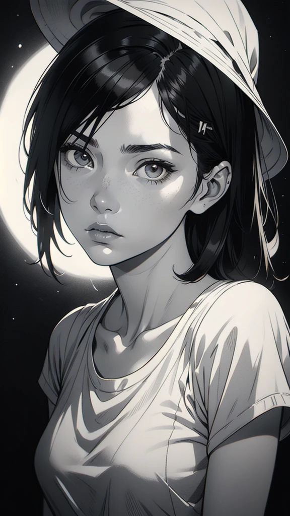 1 boyish girl, solo, sharp eyes, expressionless, monochrome, greyscale, short black hair, portrait, white T-shirt, closed mouth, looking at viewer, graphite \(medium\), detailed lips, hatching \(texture\), without makeup, bangs, upper body, (best illustration), (best quality), (very detailed), (masterpiece), expressionless,