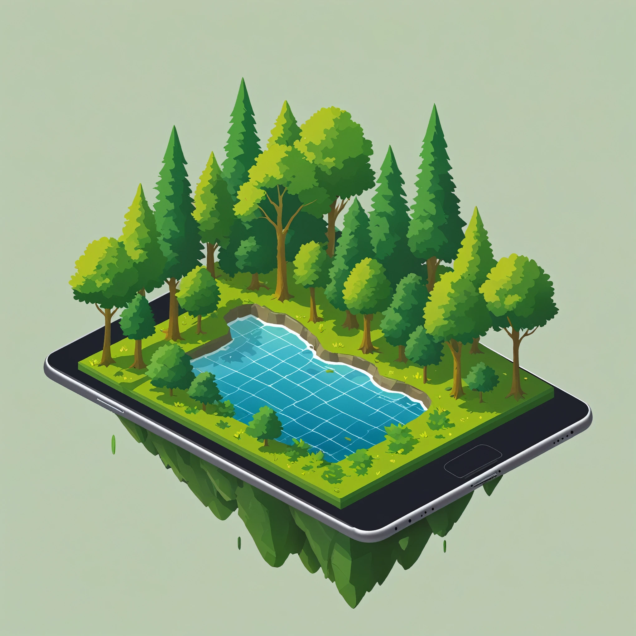 A serene island scene: a towering tree with intricate leaf details stands tall amidst a tranquil landscape. A flat iPad illustration of a lake's edge features a gentle rock formation, lush grass, and a verdant bush. The water's surface reflects the surrounding scenery in a peaceful pond. Daylight illuminates the isometric design, showcasing a high-resolution, high-quality scene with no outlines, rendered in a vector-style, simple yet captivating.