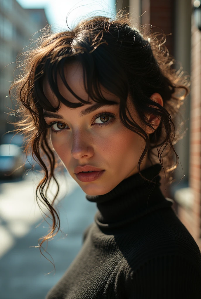 Model face, white female, 30 years old, (forced her to full deepthroat:1.2), (big eyes), (minimalistic:1.2), (wide open eyes), (Looking into camera:0.6), (spit on face), (random facial expression:1.1), (huge black dick:1.2), (dark brown hair), (intricate wavy hair), korean haircut, (perfect big tits:0.3), (leaning on wall), (Anal fuck:1.2), (threesome), (bondage), (Facefuck:1.2), (classic tattoos:1.45), (portrait upper body), naked, (pale skin:1.4), (thick body type:1.2), facial chubby, (wide nose), subtle smile and flirt with the camera, professional photo, anatomically correct, (mole at vermillion border upper lips detailed:0.8), (she's Indonesian, short, tall is 159cm, weight is 70kg), beautiful delicate eyes, dark brown pupil eyes, visibly pore skin, lifelike, skin textured, body facing camera, (covered turtleneck sweater short sleeve:1.2, long skirt:1.2), (updo hair style), ((dynamic poses)), natural rim lightning, intricate details, (shot from phone:1.4), (location at buildings, outdoor), no makeup, (Instagram photo), (modesty dress), 85mm lens, aperture f/2.8, perfectly detailed,