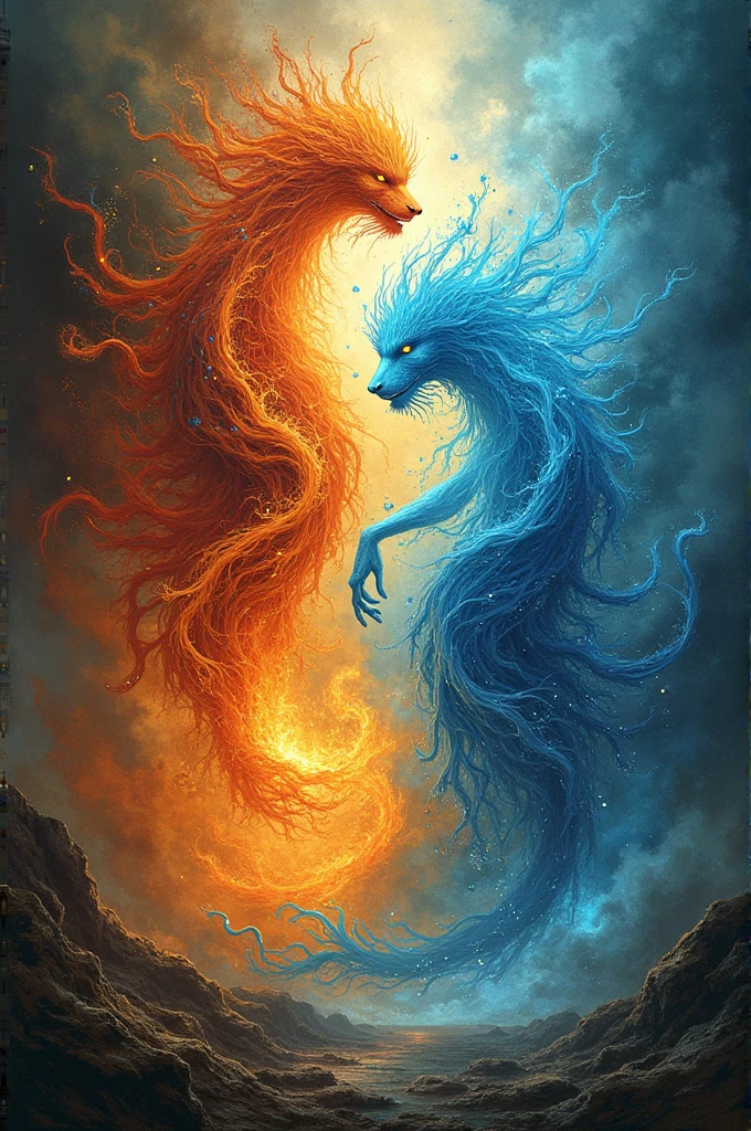 Image that links the 4 elements. land, fire, air, Water.