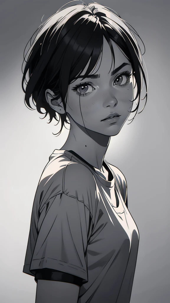 1 boyish girl, solo, sharp eyes, expressionless, monochrome, greyscale, short black hair, portrait, white T-shirt, closed mouth, looking at viewer, graphite \(medium\), detailed lips, hatching \(texture\), without makeup, bangs, upper body, (best illustration), (best quality), (very detailed), (masterpiece), expressionless,