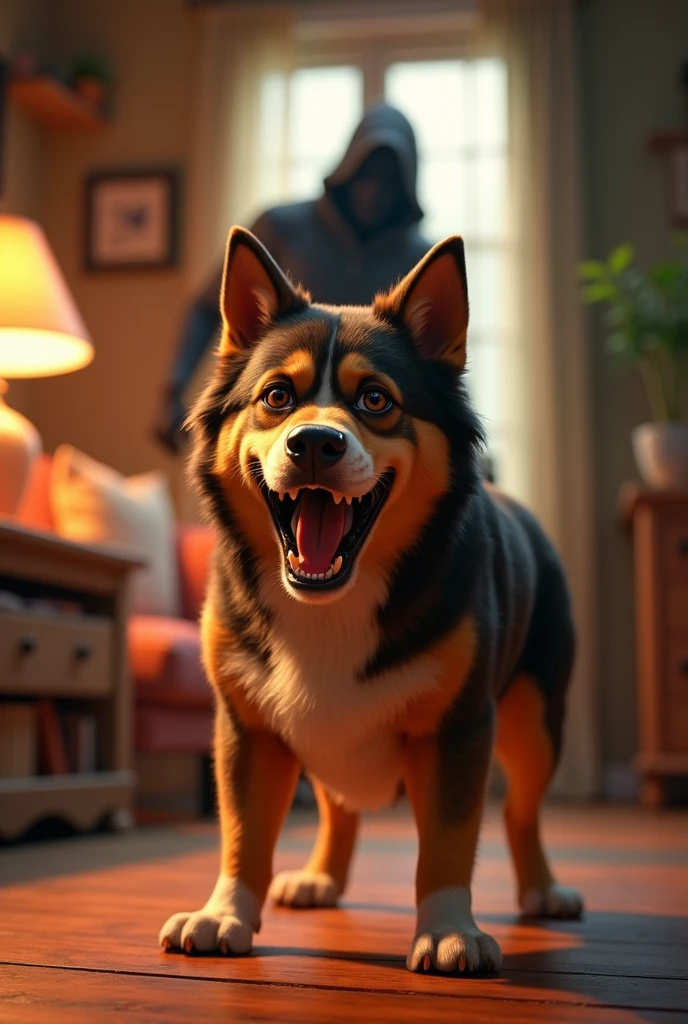 very detailed image in pixar style The dog faces the thief with courage, growling and barking, even at the risk of getting hurt.