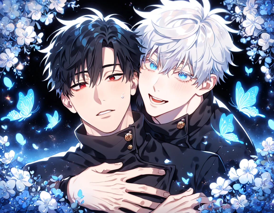 absurdres, highres, ultra detailed, HDR) master piece, best quality, extremely detailed, detailed eyes, detailed face, delicated features, Kang Woojin, black hair, messy hair, expressive red eyes, Love Jinx, Gojou Satoru, white hair, expressive blue eyes, white eyelashes, two sexy men hugging, yaoi, gay couple, in love, handsome, manly man, adult face, mature man, jujutsu Kaisen uniform, black uniform, high collar, fantasy, magical, glittering, water, blue flames, blue moon, blue flowers, blue butterflies, garden, Jujutsu Kaisen