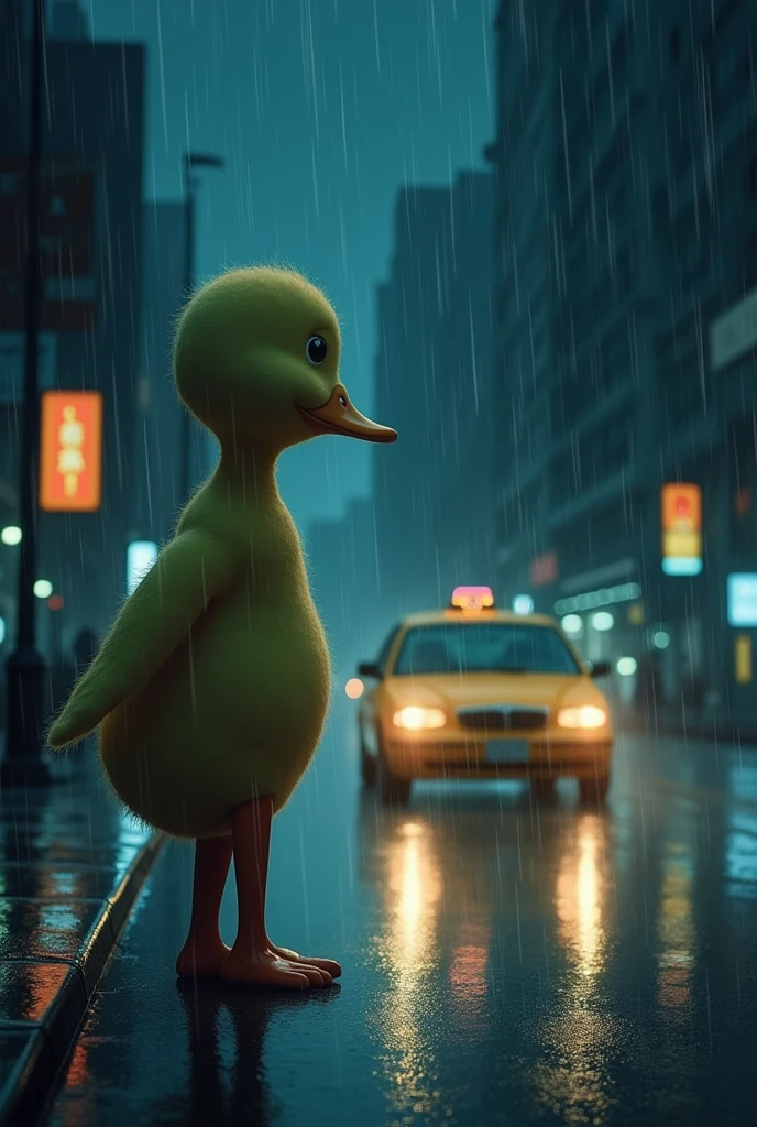 Episode 1:Farewell scene in the rain: night,Male Protagonist(Duck image)Standing on the roadside,Watching the heroine take a taxi away。It started to rain,Male Protagonist孤单地站在雨中,The eyes reveal the loss。
plot: The narrator tells the protagonist's inner monologue,Expressing speculation and helplessness about the heroine's whereabouts。In the picture,男主的Duck image开始变得模糊,As if washed by rain。