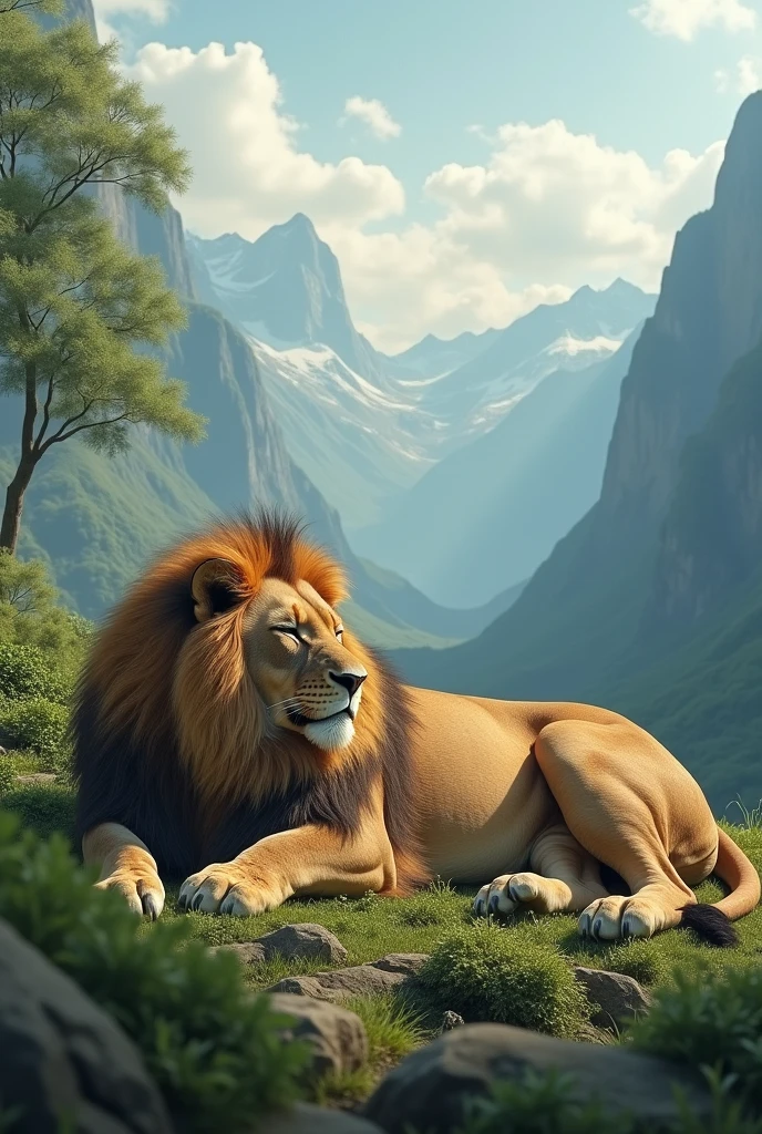 A sleeping lion in a valley surrounded by mountains: the lion, known for his strength and energy, He is asleep, which suggests a state of tiredness and need for rest. The mountains surrounding it can represent the limits and pressures that the individual imposes on himself., and the valley can symbolize a space of relaxation and recovery.
