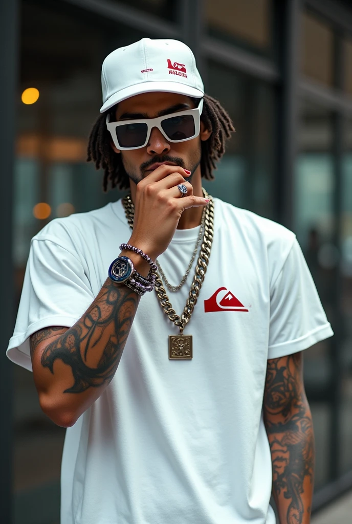 The image shows a person who is vaping, while wearing a white cap with the visor turned to one side, White rectangular sunglasses with red highlights, a white Quiksilver t-shirt and a thick chain with a large pendant. The person also has a tattoo on his arm and appears to be in an indoor environment.. The style of the image continues with the urban and modern aesthetic, similar to the one in the previous image, with a focus on fashion and eye-catching accessories.
Would you like a particular reference or any modification of this image??