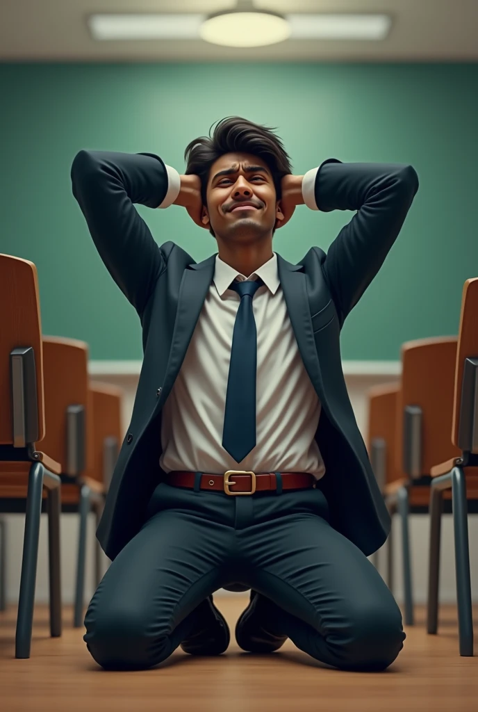 A 2 law college indian boy wearing shirt long sleeve with tie coat and fashionable buckle belt is kneeling straight in the class with his hands raised straight high up above his head with tired looking and pain in hands