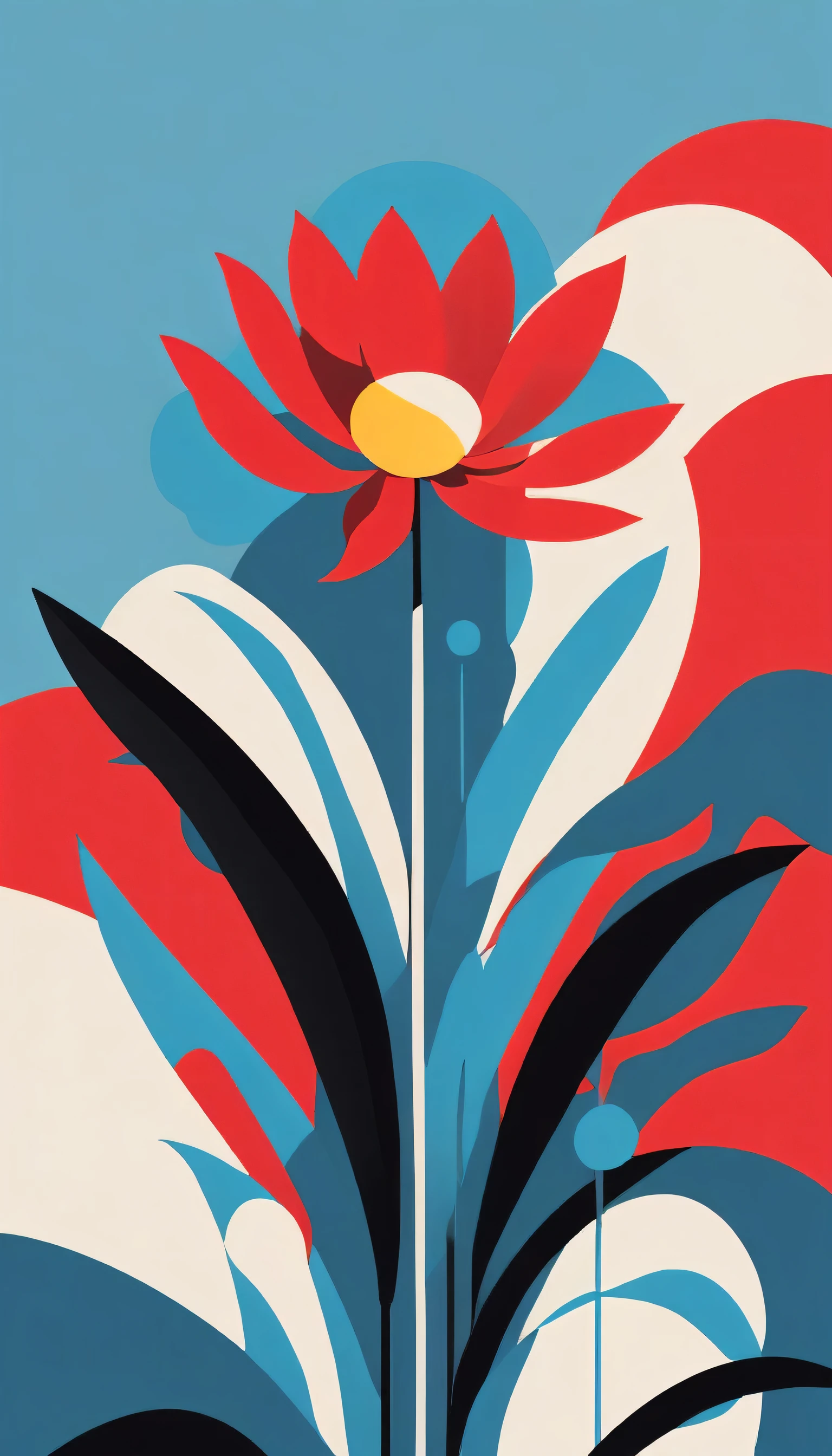 Flower in the style of sky-blue and red, hip hop aesthetics, bold, graphic shapes, sun-soaked colours, neo-geo, light black and red 