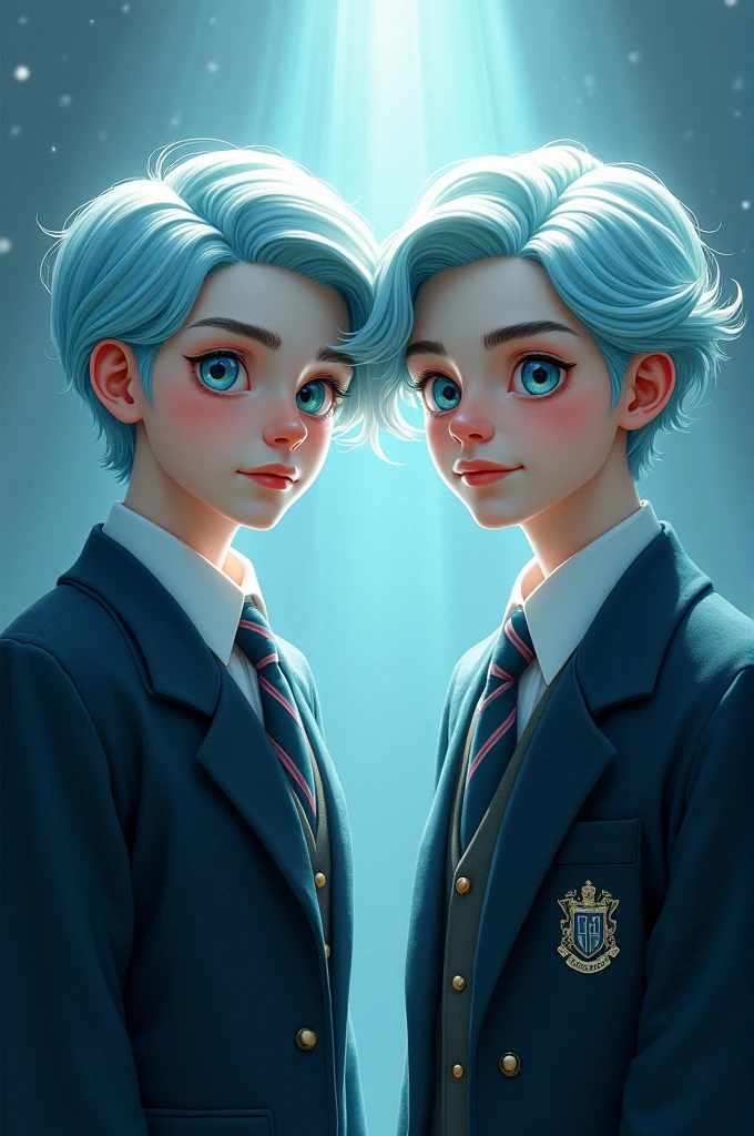 2 young man has light blue hair Light blue eyes, sweet face, white skin, wearing a Ministry of Magic uniform. There is a glass background.