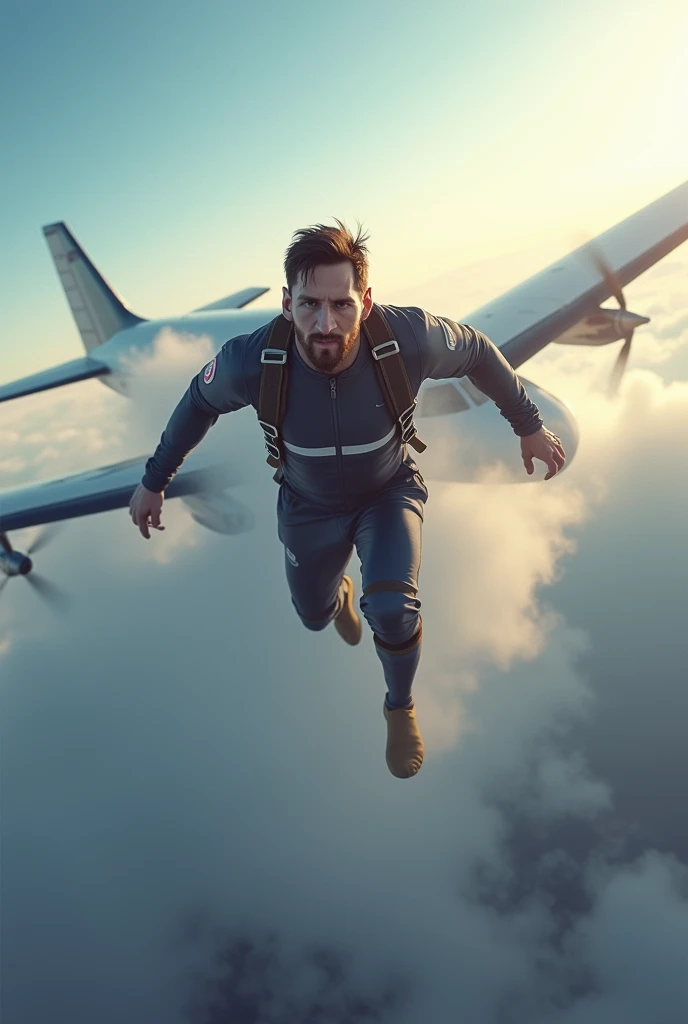 Messi is jumping from a plane. Plane mist be there