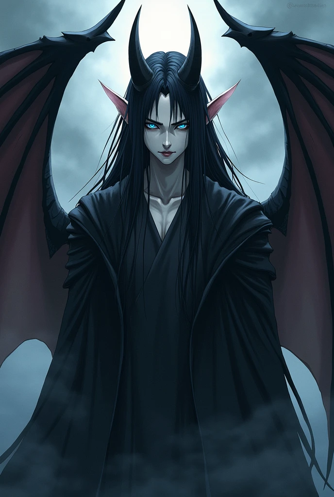 Erik is a male bat-like demon. He is 195 cm tall, has pale white skin; his eyes are a very light pale blue with soft grey sclera, with a subtly smudged eyeliner on the lower waterline. He has pointy ears and long black hair that reaches under his shoulder. His lips are a mid tone of grey and he has pointy fangs. Erik has a pair of black bat wings that are often folded.

Anime style
Jujutsu kaisen drawing style
