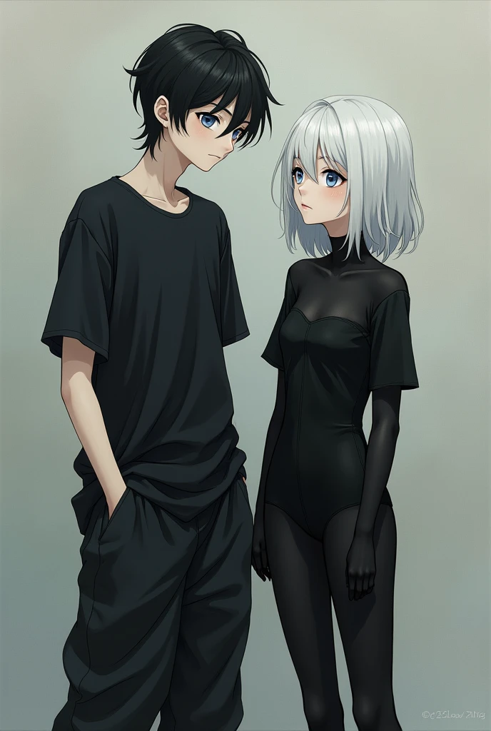 Image of an older anime-style boy with pale skin, black baggy pants, a black shirt, and next to him is a girl with medium-long platinum white hair and a tight black dress.