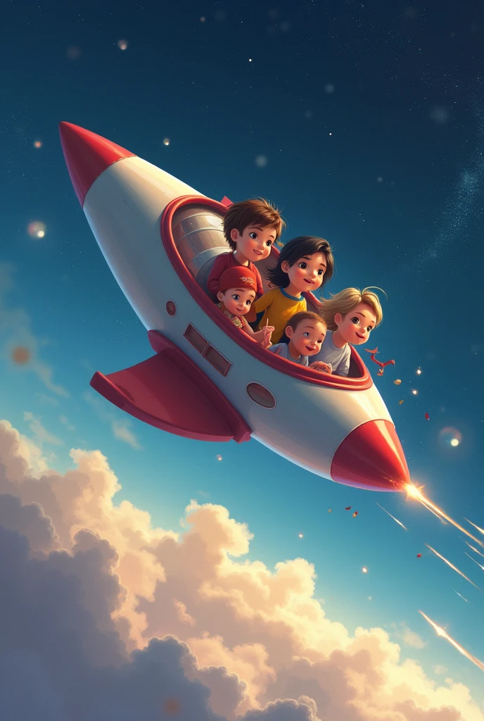 Children are riding on a rocket.
