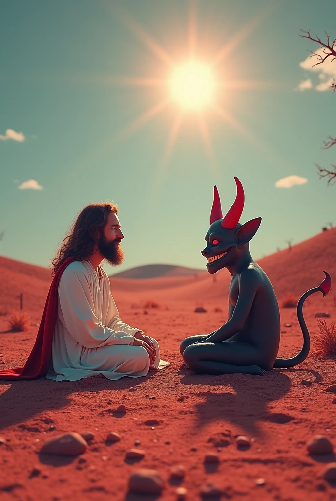 "Create a hyper-HD, ultra-realistic 36k resolution image. The scene should feature a natural landscape with completely empty ground, no trees or plants. In the middle of this barren land, Jesus and the devil are seated. Jesus is looking forward with a gentle smile, radiating peace and kindness, while the devil sits opposite him with a mischievous but cute smile. Use vibrant and deep colors throughout the scene to make the atmosphere even more impactful."