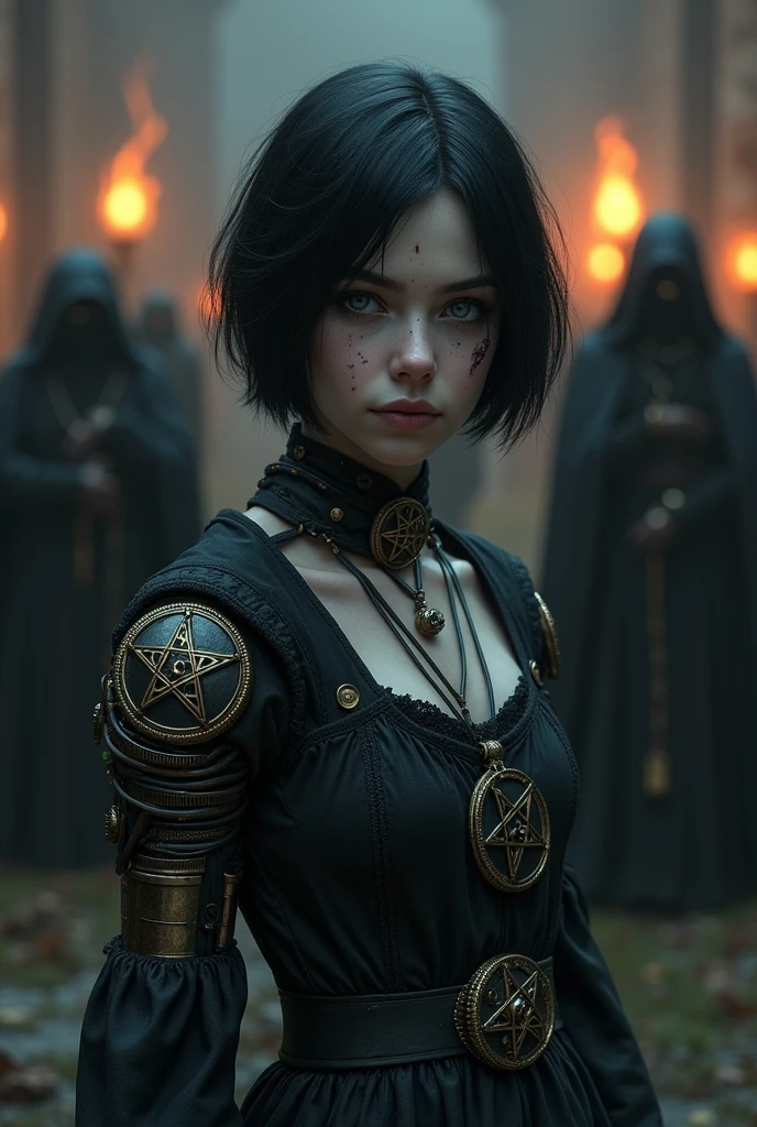 Pale girl with short black hair, from the realistic middle ages, blue eyes dark clothes with prosthetic arm steampunk detailed pentagram, cut on the face, the night, with a religious group with fire behind, detaileds.