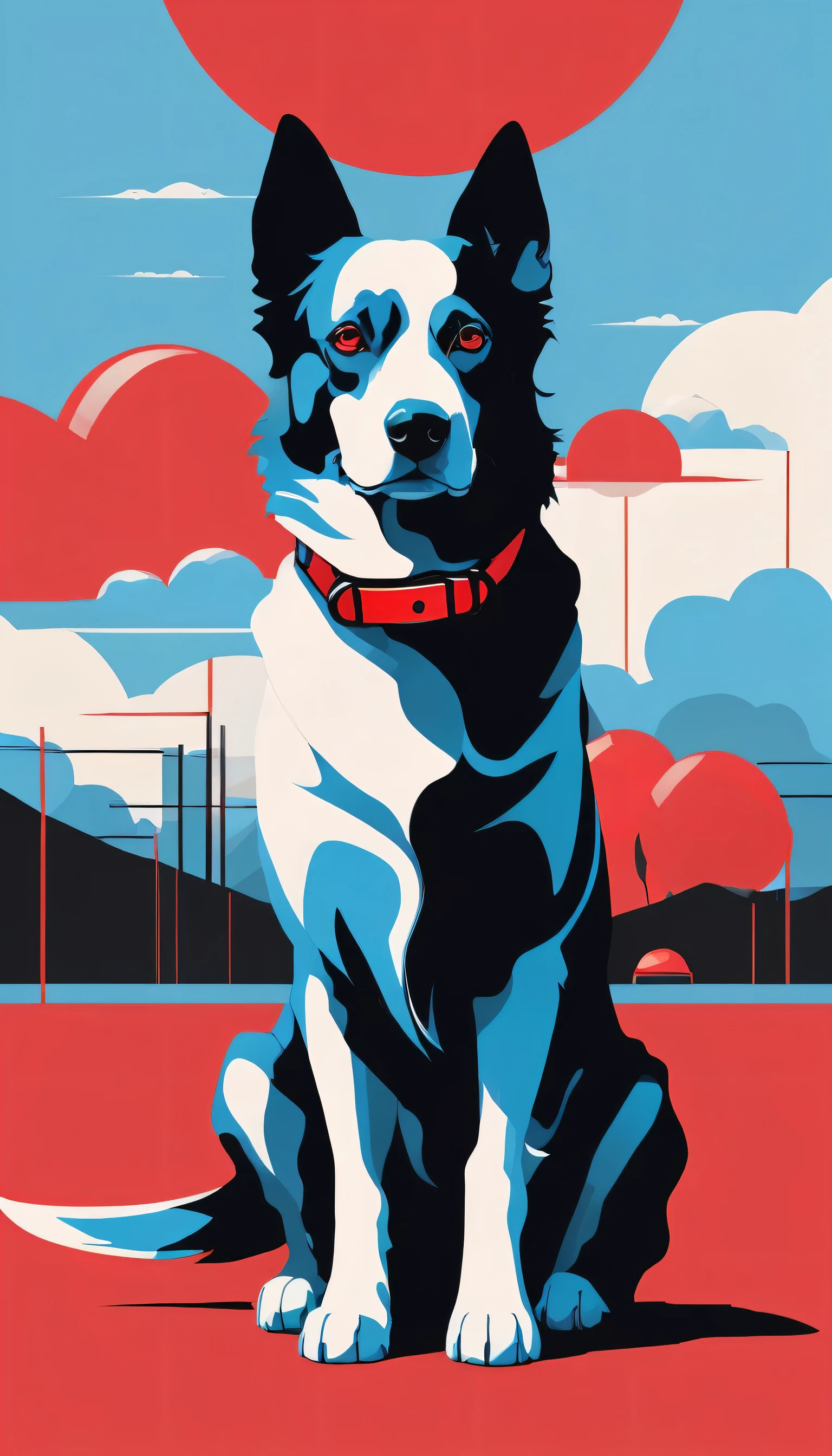 Dog in the style of sky-blue and red, hip hop aesthetics, bold, graphic shapes, sun-soaked colours, neo-geo, light black and red