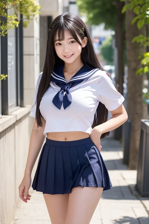 A young woman with very large breasts wearing a sailor suit,Her nipples are visible through her sailor uniform,Her underboobs are visible through her short sailor uniform,Long hair gives a young and adult feel,Young eight-headed woman,A scene where she has a calm expression and a gentle sidelong glance,Has long black hair,In the background, a girl is running down a school corridor with her short skirt fluttering.,She has a modest smile